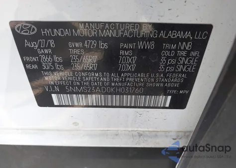 2019 Hyundai Santa Fe Se из США, поврежденный, VIN 5NMS23AD0KH031760